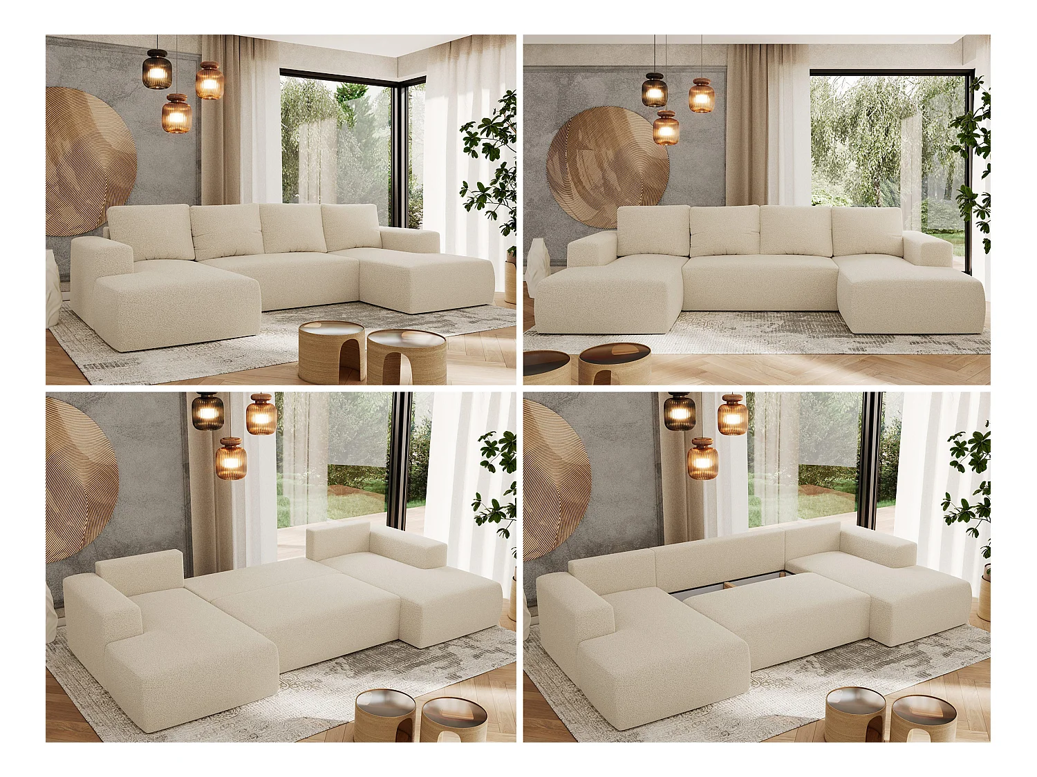 Ecksofa TRENTINO U - mit Schlaffunktion und Bettkasten, U-förmiges Wohnlandschaft, Armlehnen - Beige Boucle