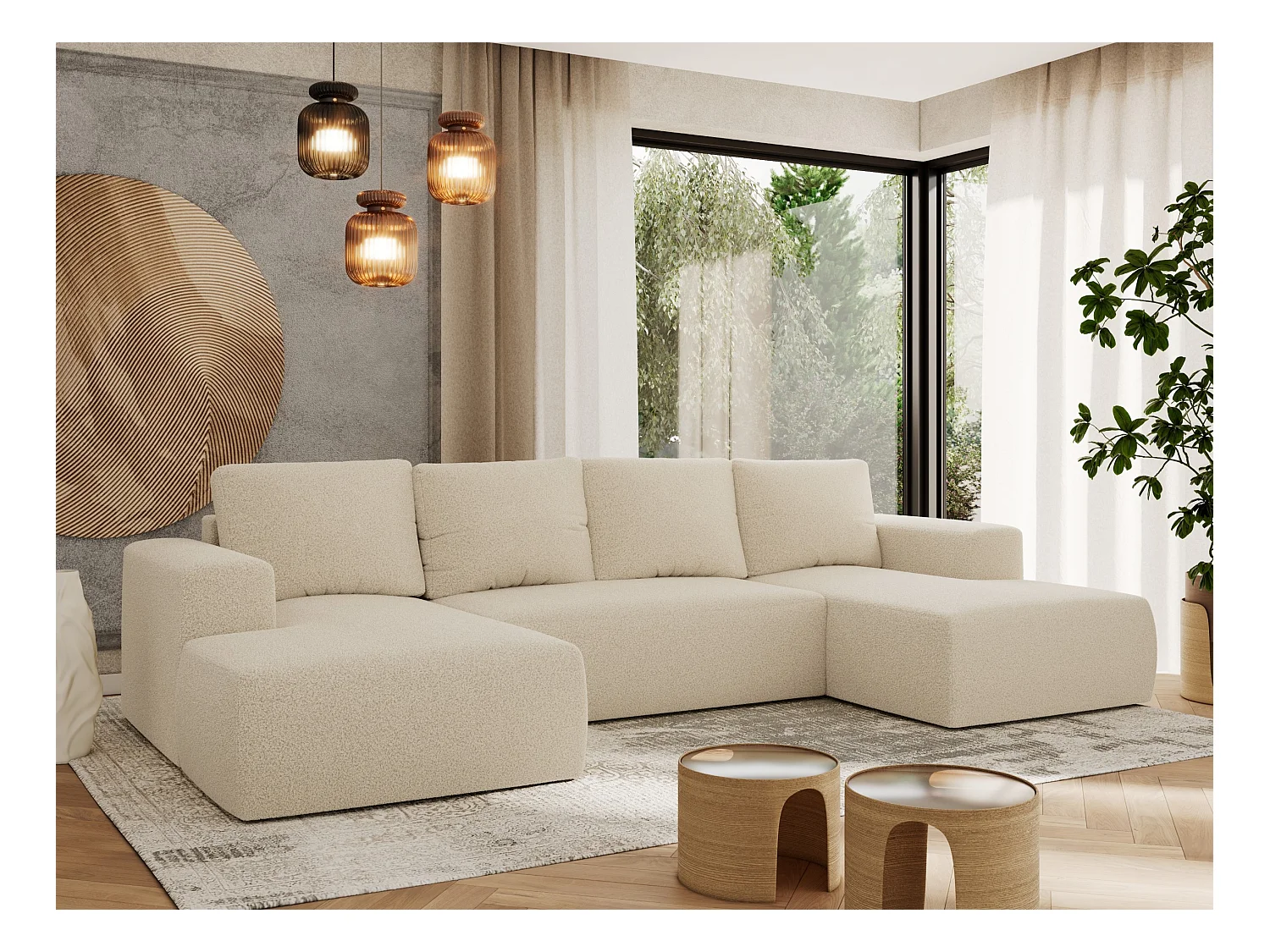 Ecksofa TRENTINO U - mit Schlaffunktion und Bettkasten, U-förmiges Wohnlandschaft, Armlehnen - Beige Boucle