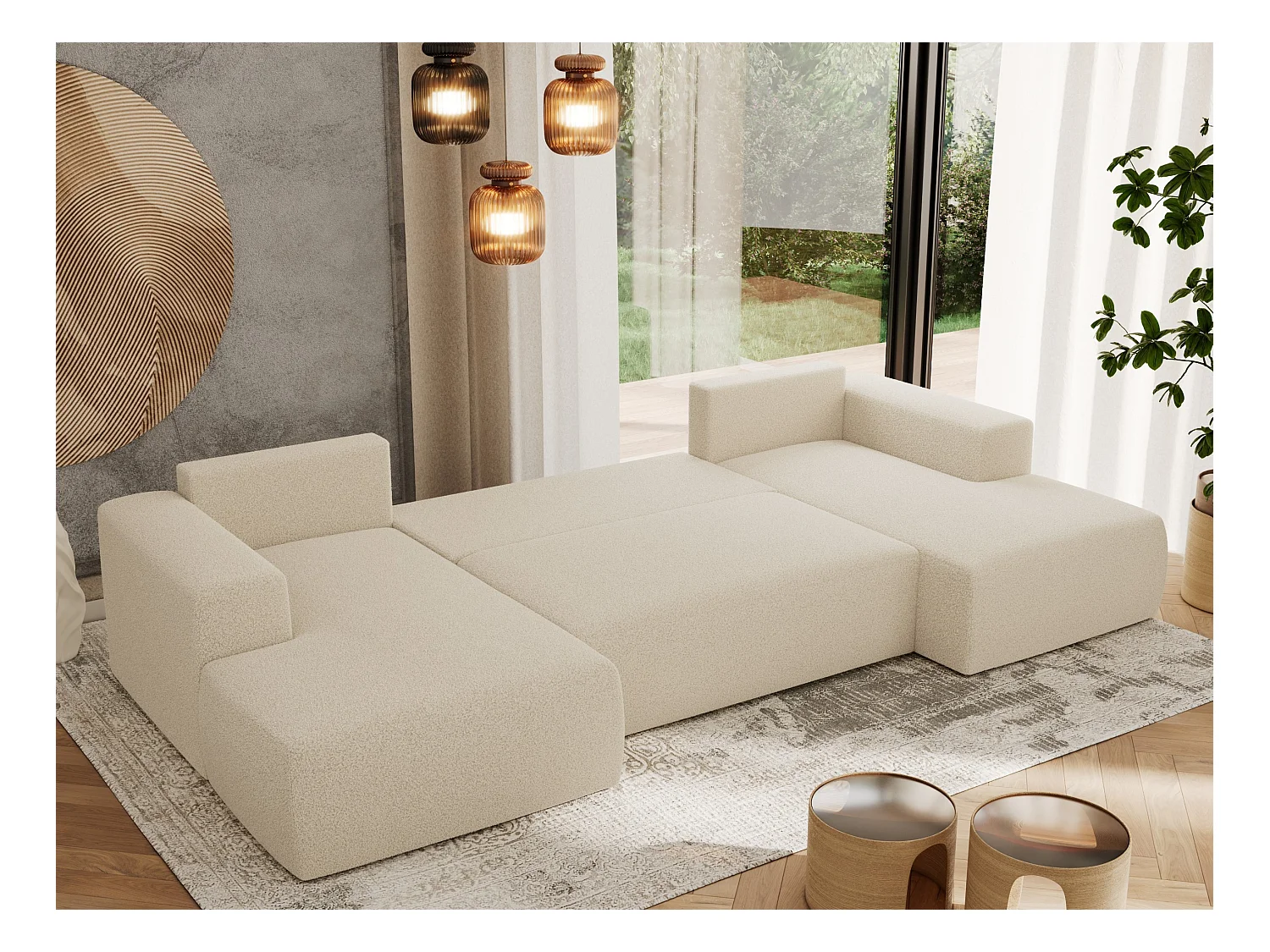 Ecksofa TRENTINO U - mit Schlaffunktion und Bettkasten, U-förmiges Wohnlandschaft, Armlehnen - Beige Boucle