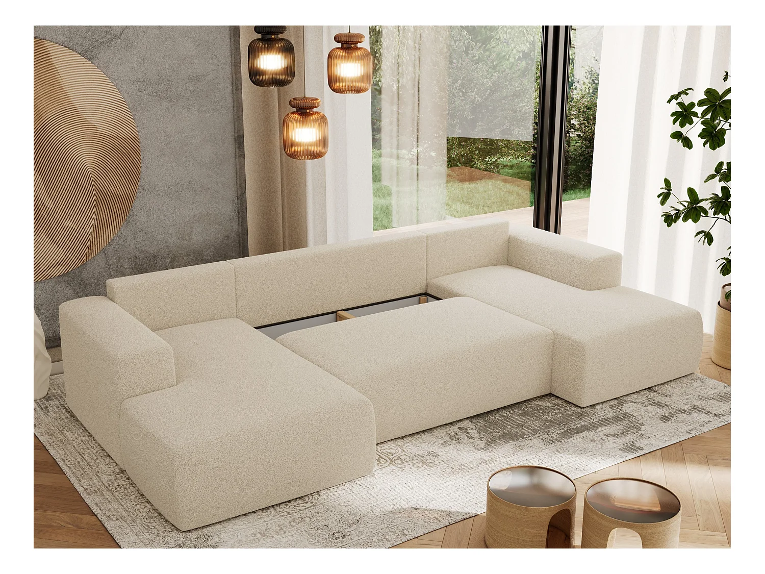 Ecksofa TRENTINO U - mit Schlaffunktion und Bettkasten, U-förmiges Wohnlandschaft, Armlehnen - Beige Boucle