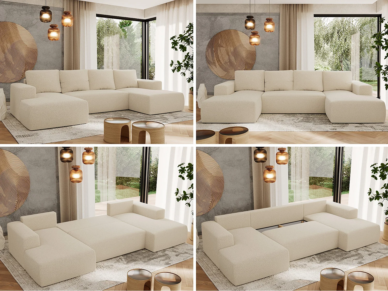 Ecksofa TRENTINO U - mit Schlaffunktion und Bettkasten, U-förmiges Wohnlandschaft, Armlehnen - Beige Boucle