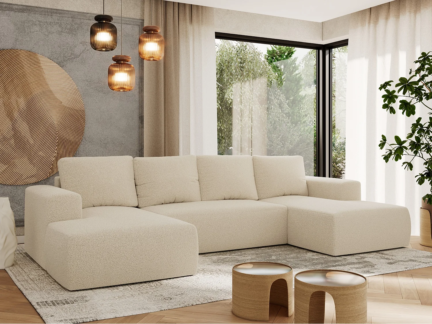 Ecksofa TRENTINO U - mit Schlaffunktion und Bettkasten, U-förmiges Wohnlandschaft, Armlehnen - Beige Boucle