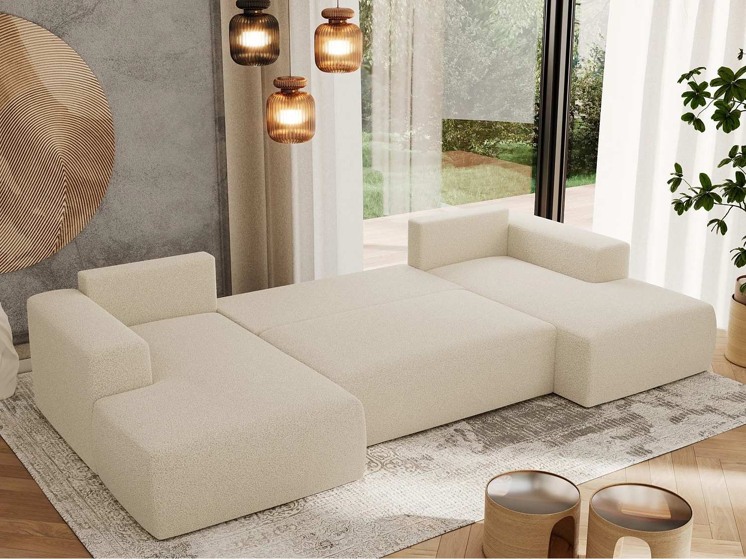 Ecksofa TRENTINO U - mit Schlaffunktion und Bettkasten, U-förmiges Wohnlandschaft, Armlehnen - Beige Boucle