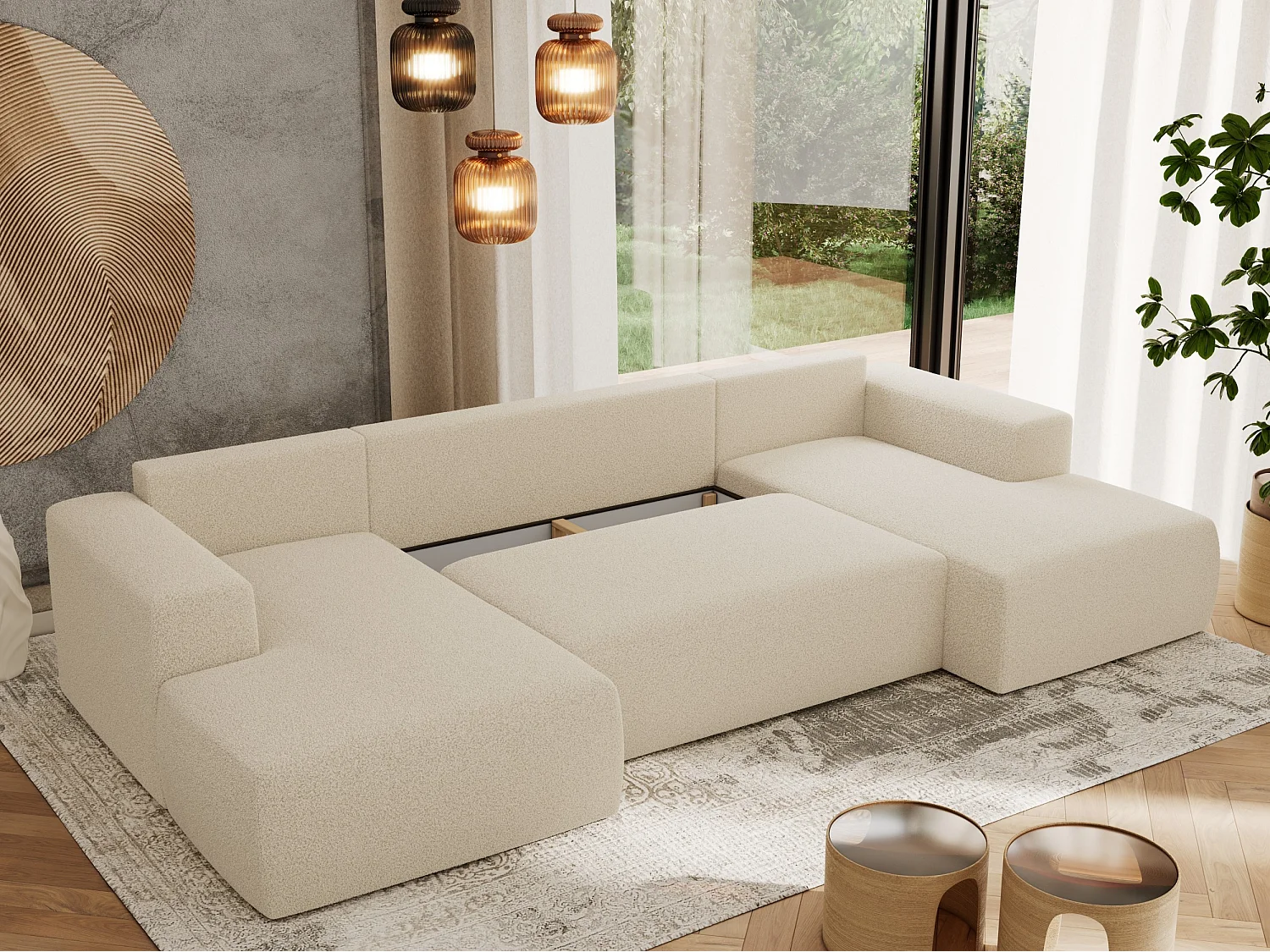 Ecksofa TRENTINO U - mit Schlaffunktion und Bettkasten, U-förmiges Wohnlandschaft, Armlehnen - Beige Boucle