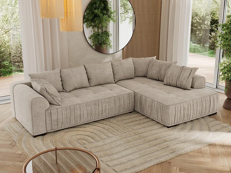 Ecksofa ORTA - Schlaffunktion und Bettkasten, lose Kissen, gesteppter Sitz, L-förmige Ecke - Beige Stukture - Ecke Rechts