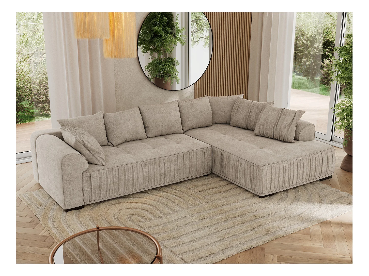 Ecksofa ORTA - Schlaffunktion und Bettkasten, lose Kissen, gesteppter Sitz, L-förmige Ecke - Beige Stukture - Ecke Rechts