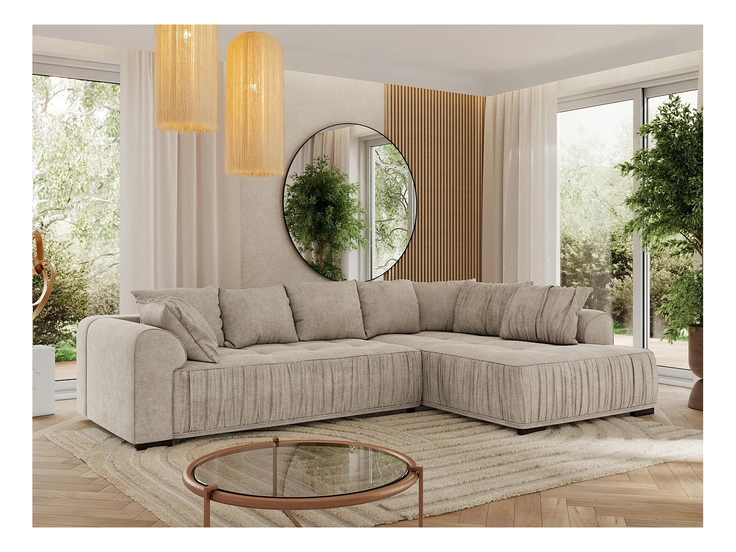 Ecksofa ORTA - Schlaffunktion und Bettkasten, lose Kissen, gesteppter Sitz, L-förmige Ecke - Beige Stukture - Ecke Rechts