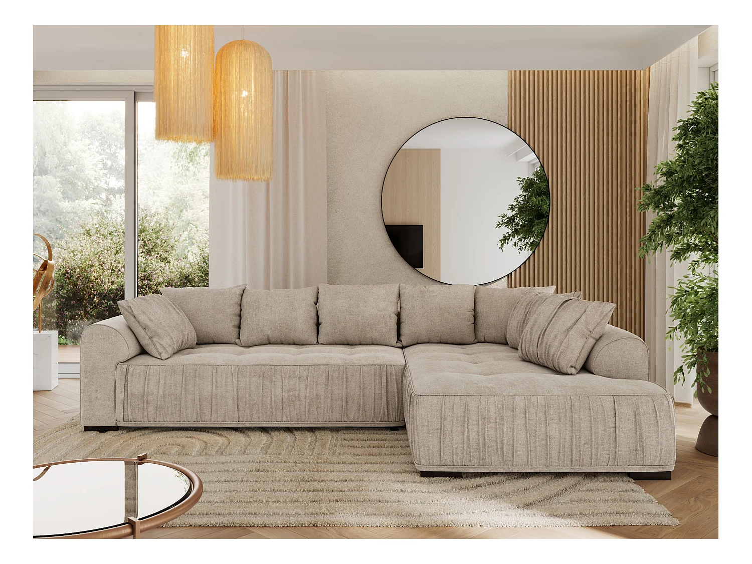 Ecksofa ORTA - Schlaffunktion und Bettkasten, lose Kissen, gesteppter Sitz, L-förmige Ecke - Beige Stukture - Ecke Rechts