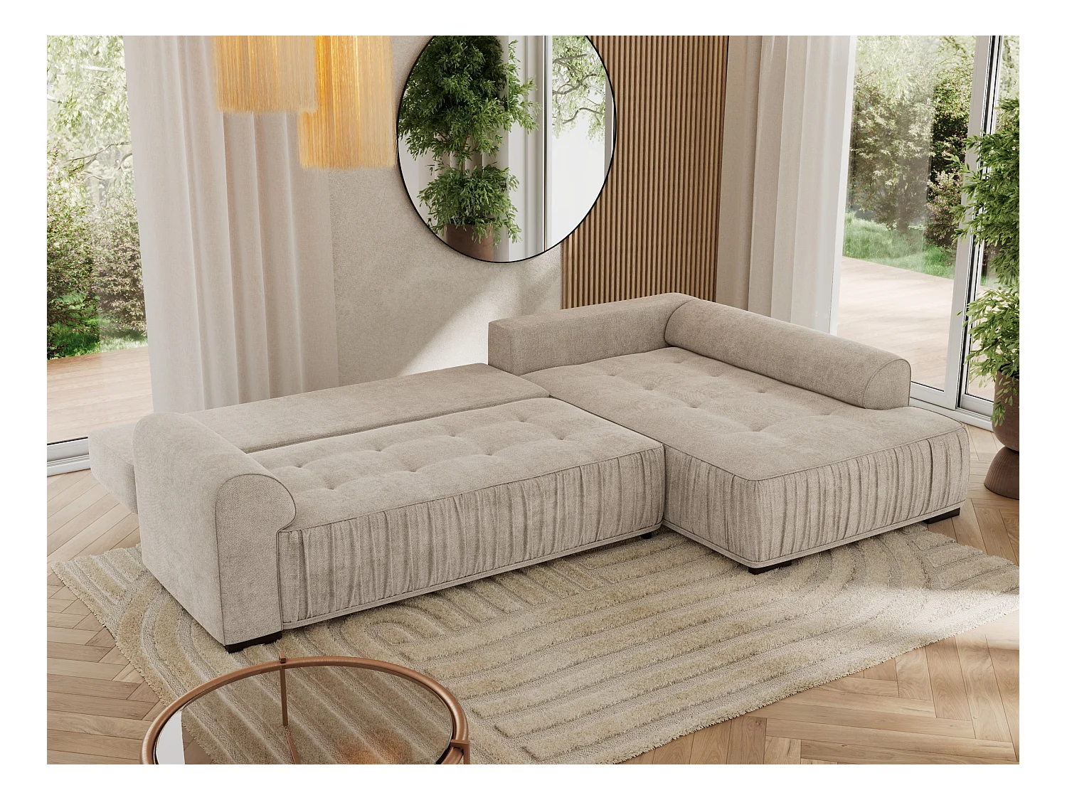 Ecksofa ORTA - Schlaffunktion und Bettkasten, lose Kissen, gesteppter Sitz, L-förmige Ecke - Beige Stukture - Ecke Rechts