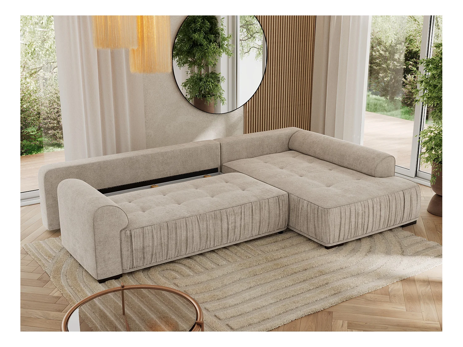 Ecksofa ORTA - Schlaffunktion und Bettkasten, lose Kissen, gesteppter Sitz, L-förmige Ecke - Beige Stukture - Ecke Rechts