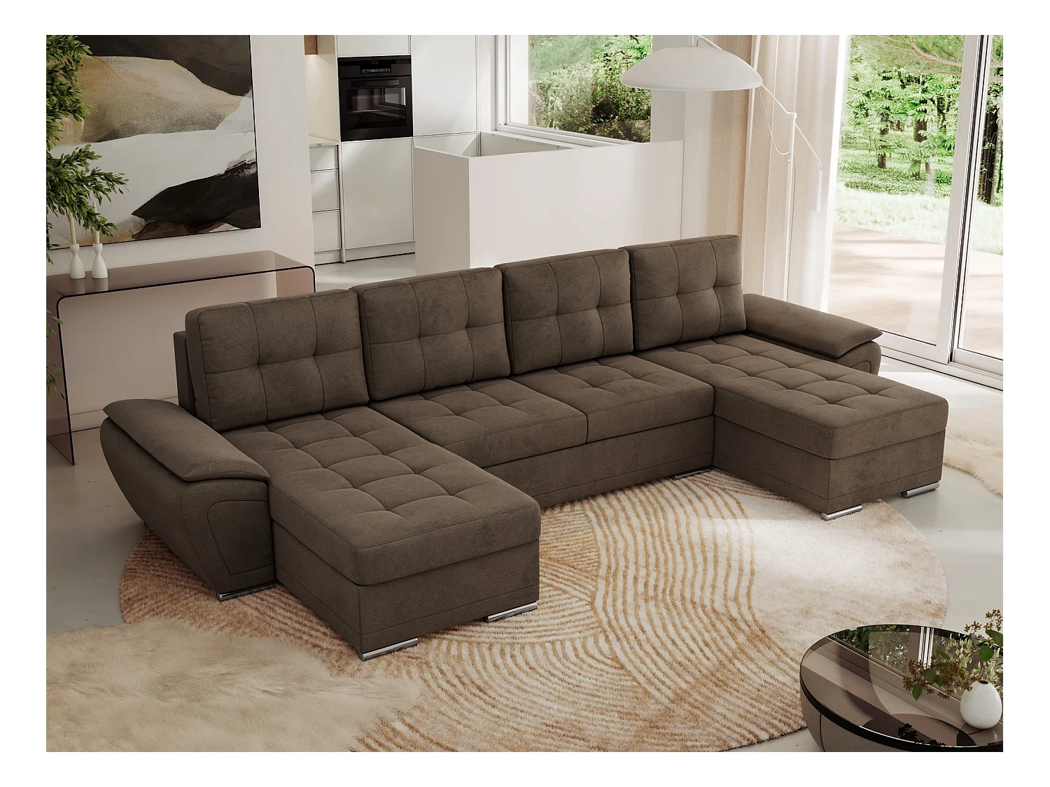 Ecksofa UMBRIA U - XXL Wohnlandschaft, mit Schlaffunktion und Bettkasten, genähte Ecke - Braun Velvet