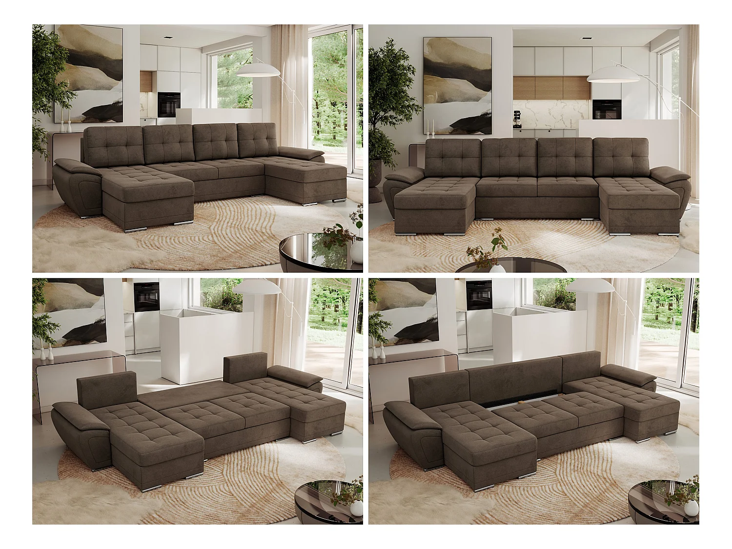 Ecksofa UMBRIA U - XXL Wohnlandschaft, mit Schlaffunktion und Bettkasten, genähte Ecke - Braun Velvet