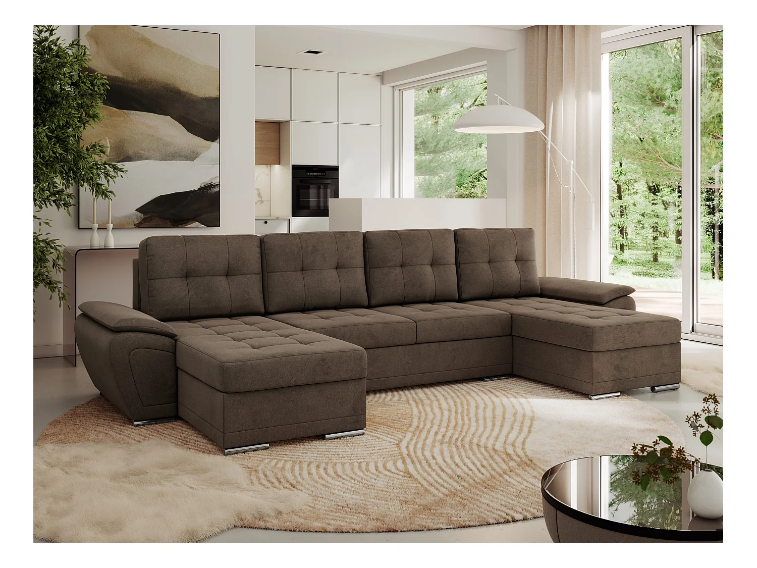 Ecksofa UMBRIA U - XXL Wohnlandschaft, mit Schlaffunktion und Bettkasten, genähte Ecke - Braun Velvet