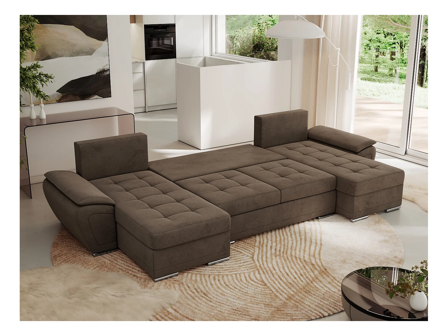 Ecksofa UMBRIA U - XXL Wohnlandschaft, mit Schlaffunktion und Bettkasten, genähte Ecke - Braun Velvet