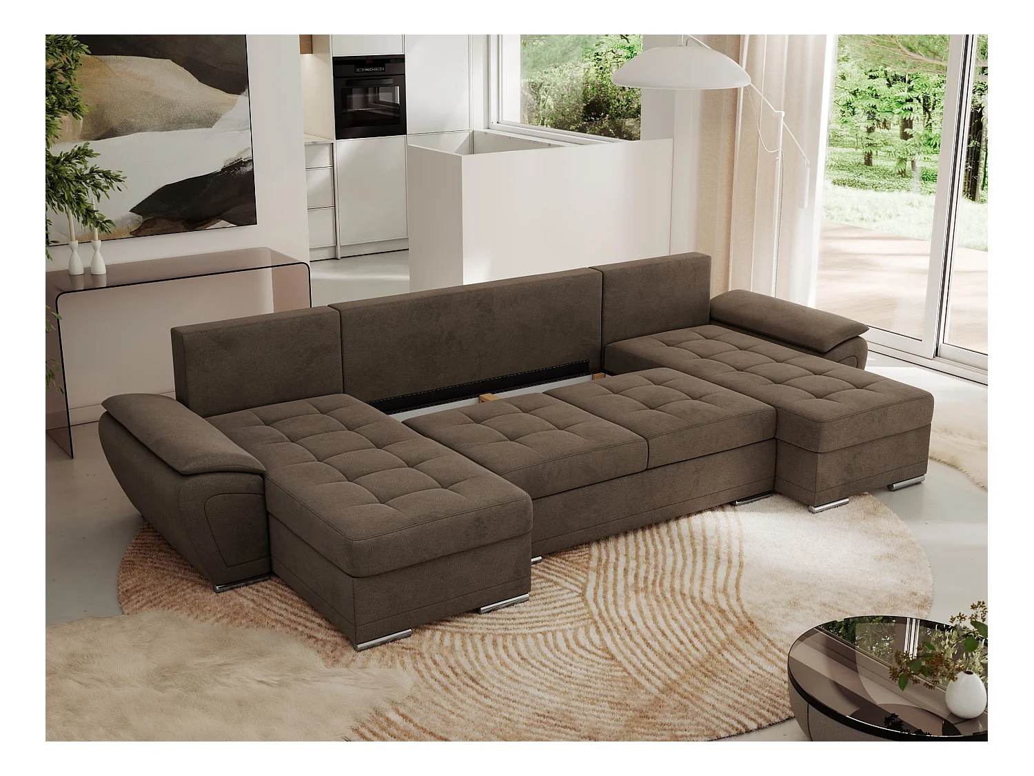 Ecksofa UMBRIA U - XXL Wohnlandschaft, mit Schlaffunktion und Bettkasten, genähte Ecke - Braun Velvet