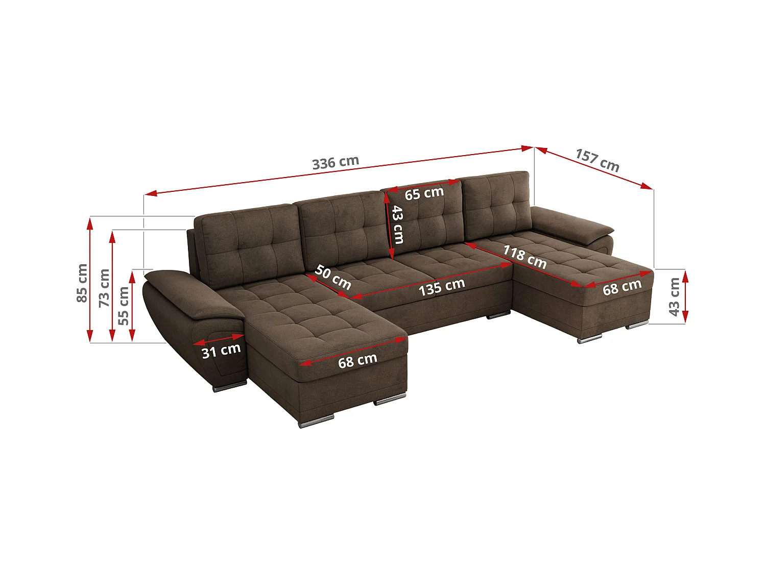 Ecksofa UMBRIA U - XXL Wohnlandschaft, mit Schlaffunktion und Bettkasten, genähte Ecke - Braun Velvet