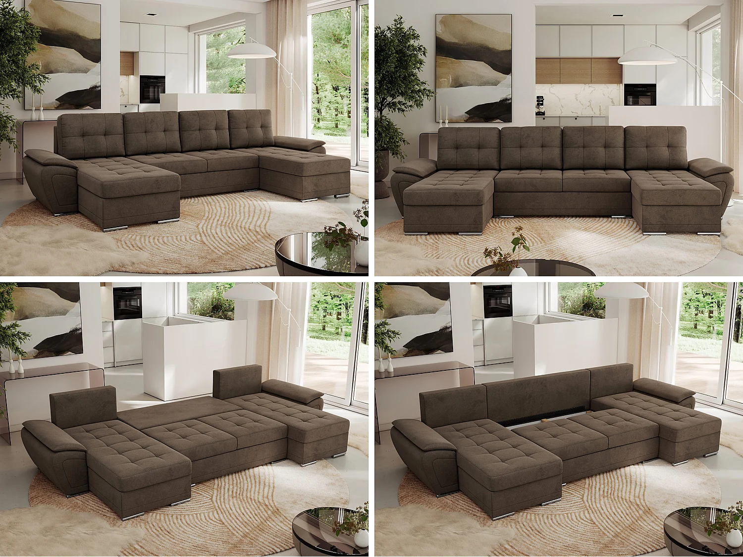 Ecksofa UMBRIA U - XXL Wohnlandschaft, mit Schlaffunktion und Bettkasten, genähte Ecke - Braun Velvet