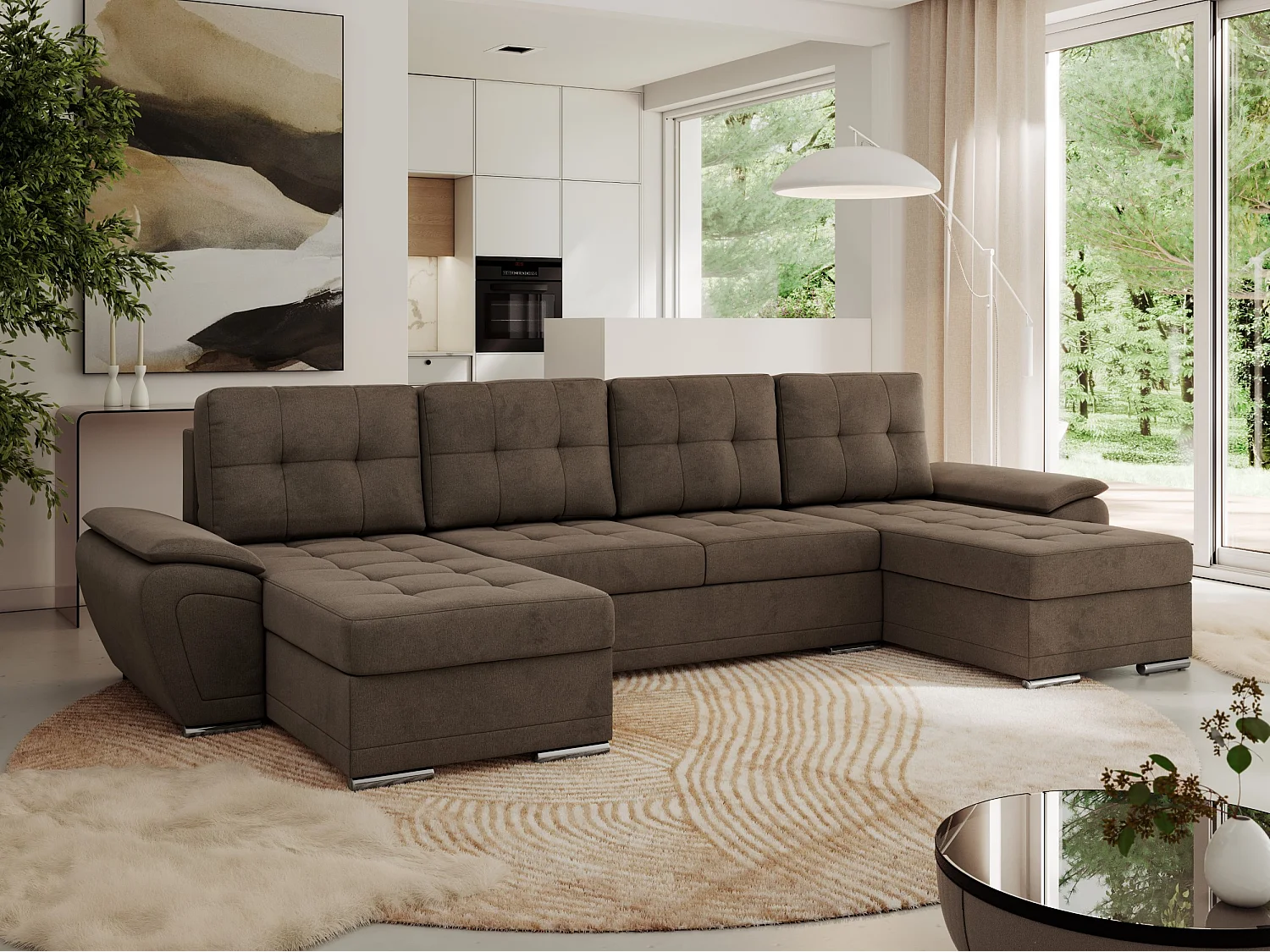 Ecksofa UMBRIA U - XXL Wohnlandschaft, mit Schlaffunktion und Bettkasten, genähte Ecke - Braun Velvet