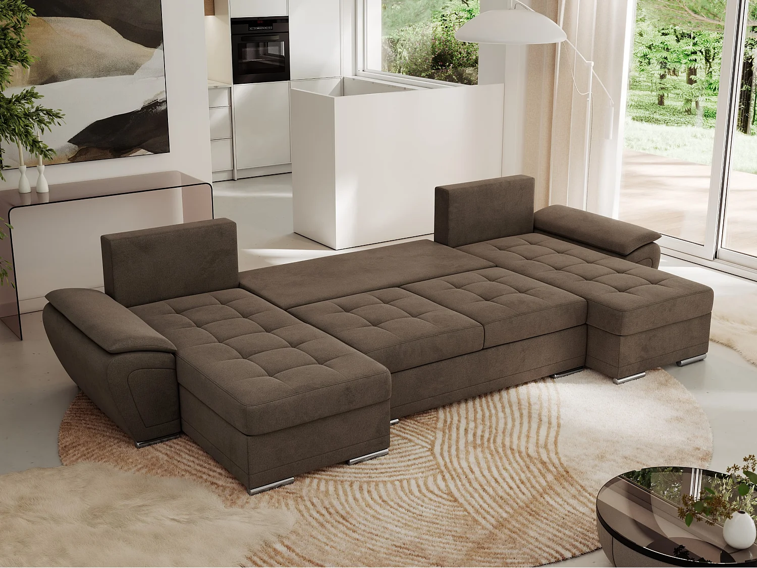 Ecksofa UMBRIA U - XXL Wohnlandschaft, mit Schlaffunktion und Bettkasten, genähte Ecke - Braun Velvet