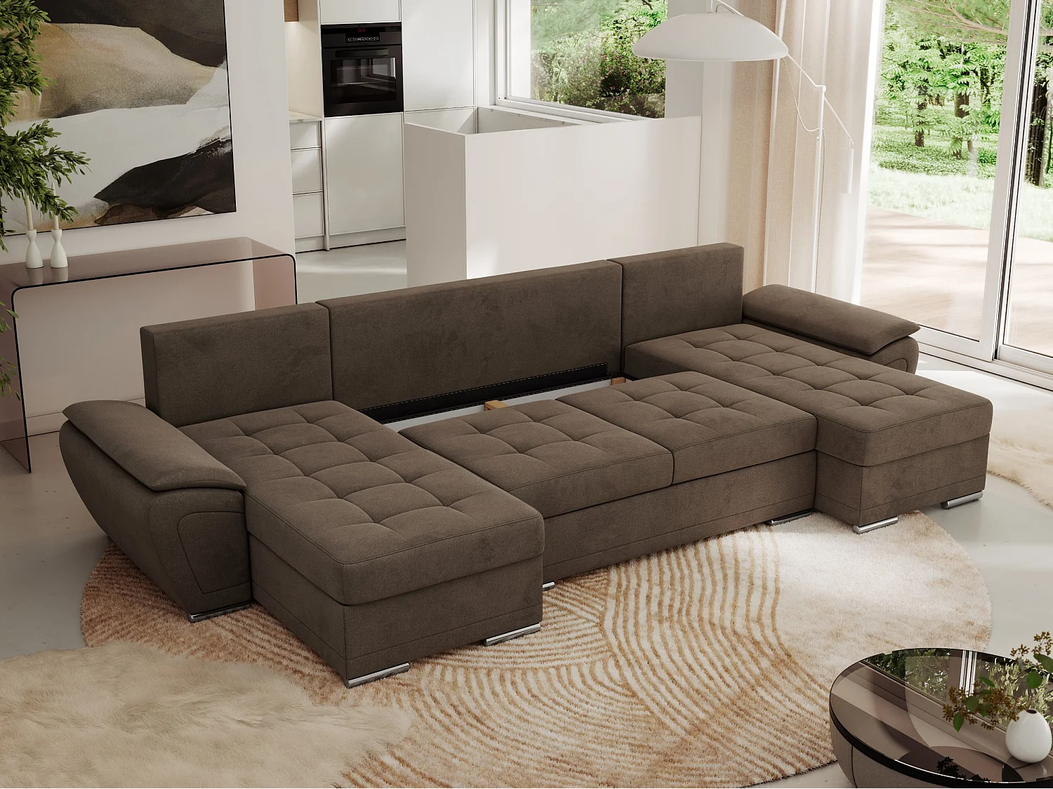 Ecksofa UMBRIA U - XXL Wohnlandschaft, mit Schlaffunktion und Bettkasten, genähte Ecke - Braun Velvet