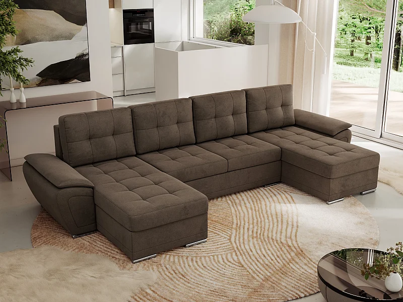 Ecksofa UMBRIA U - XXL Wohnlandschaft, mit Schlaffunktion und Bettkasten, genähte Ecke - Braun Velvet