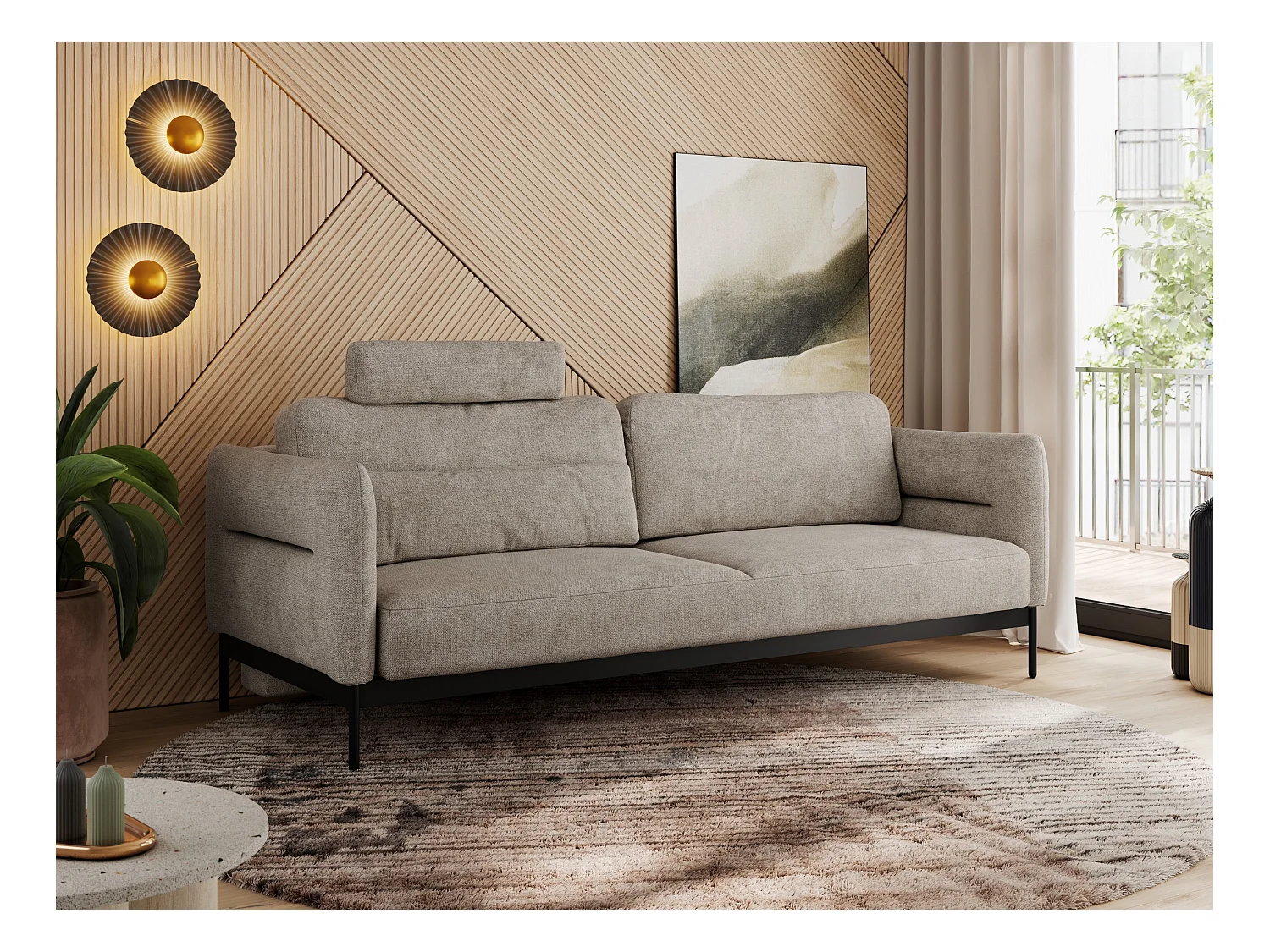Sofa SALENTO - 3-Sitzer mit Metallbeine, mobile Kopfstütze, Schlafsofa mit lose Kissen - Beige Strukture