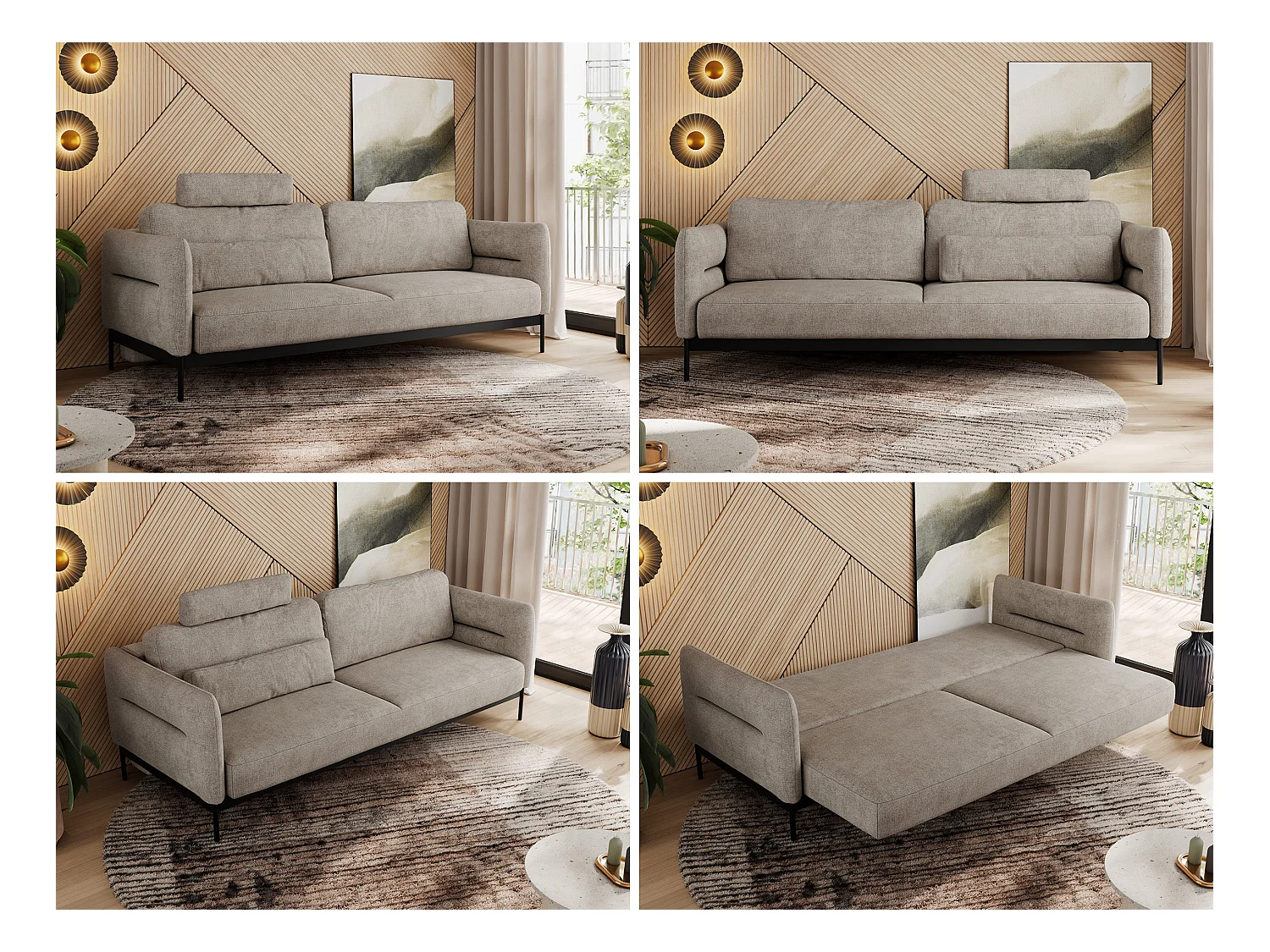 Sofa SALENTO - 3-Sitzer mit Metallbeine, mobile Kopfstütze, Schlafsofa mit lose Kissen - Beige Strukture