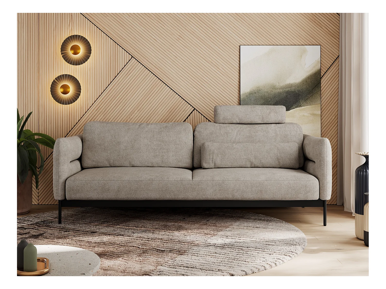 Sofa SALENTO - 3-Sitzer mit Metallbeine, mobile Kopfstütze, Schlafsofa mit lose Kissen - Beige Strukture