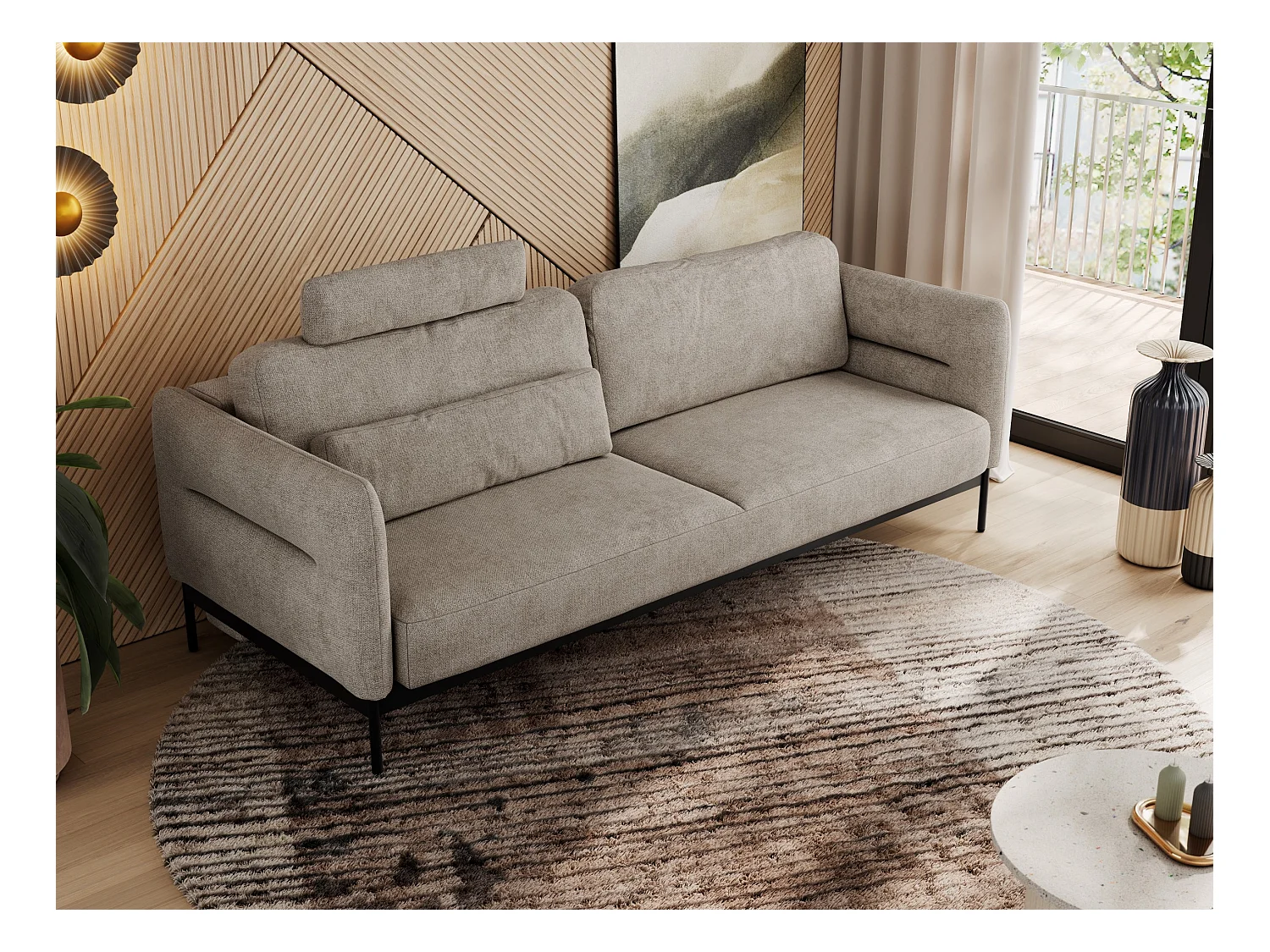Sofa SALENTO - 3-Sitzer mit Metallbeine, mobile Kopfstütze, Schlafsofa mit lose Kissen - Beige Strukture