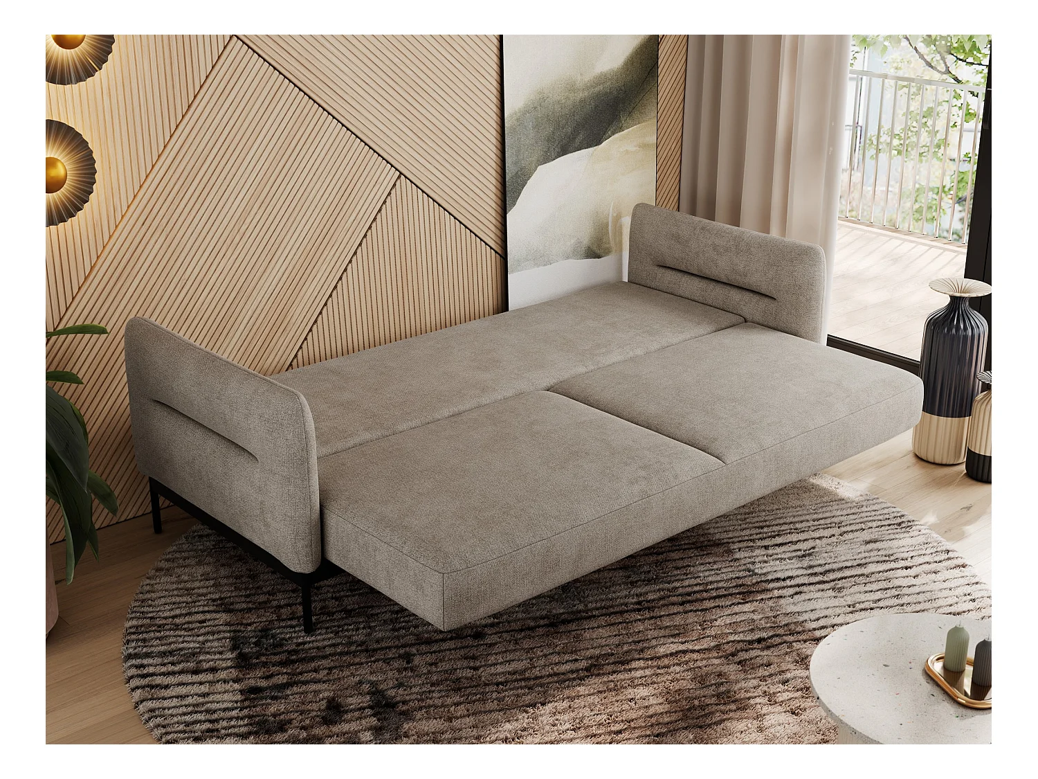 Sofa SALENTO - 3-Sitzer mit Metallbeine, mobile Kopfstütze, Schlafsofa mit lose Kissen - Beige Strukture