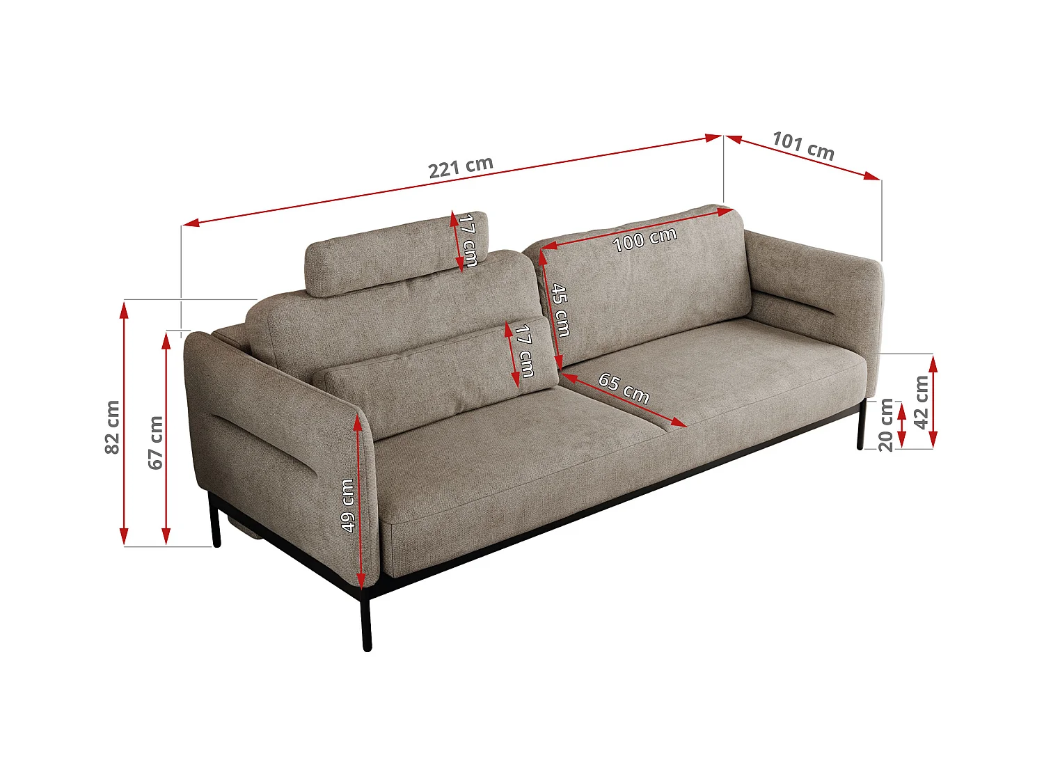 Sofa SALENTO - 3-Sitzer mit Metallbeine, mobile Kopfstütze, Schlafsofa mit lose Kissen - Beige Strukture