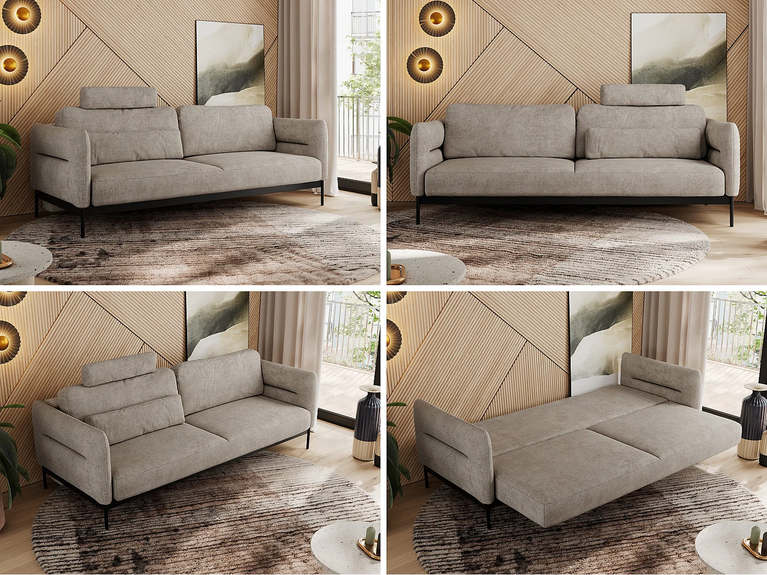 Sofa SALENTO - 3-Sitzer mit Metallbeine, mobile Kopfstütze, Schlafsofa mit lose Kissen - Beige Strukture
