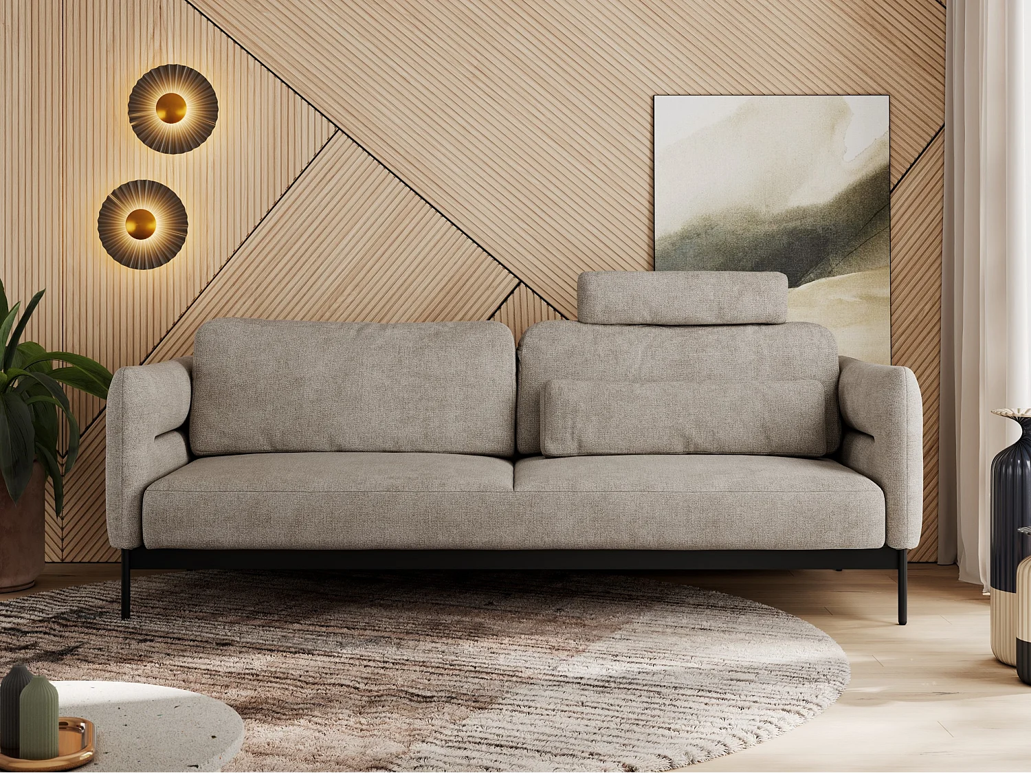 Sofa SALENTO - 3-Sitzer mit Metallbeine, mobile Kopfstütze, Schlafsofa mit lose Kissen - Beige Strukture