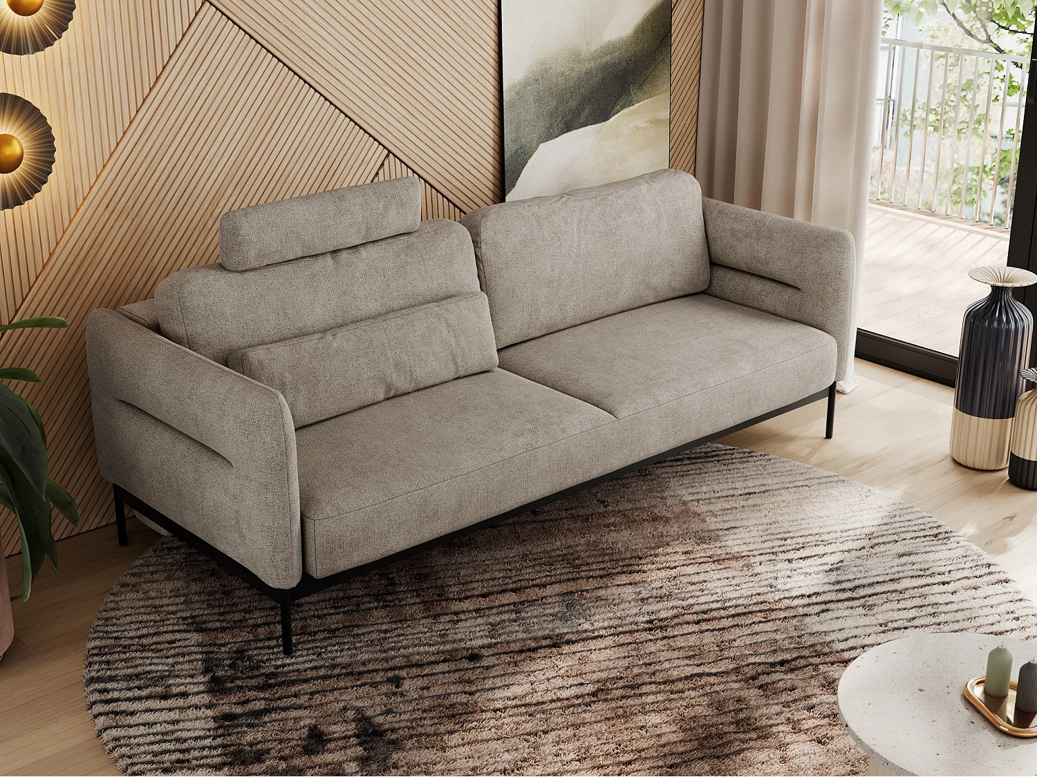 Sofa SALENTO - 3-Sitzer mit Metallbeine, mobile Kopfstütze, Schlafsofa mit lose Kissen - Beige Strukture