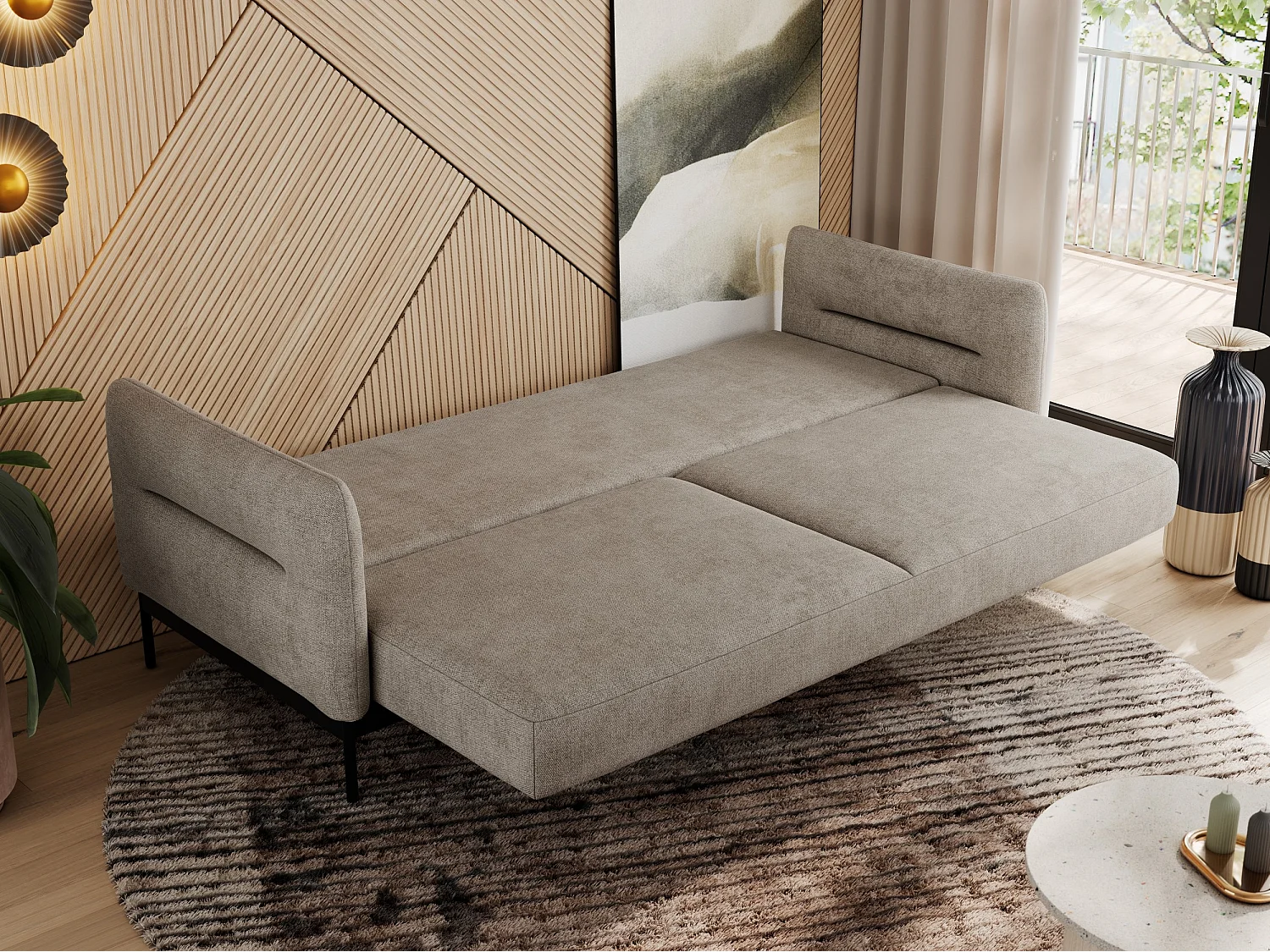 Sofa SALENTO - 3-Sitzer mit Metallbeine, mobile Kopfstütze, Schlafsofa mit lose Kissen - Beige Strukture