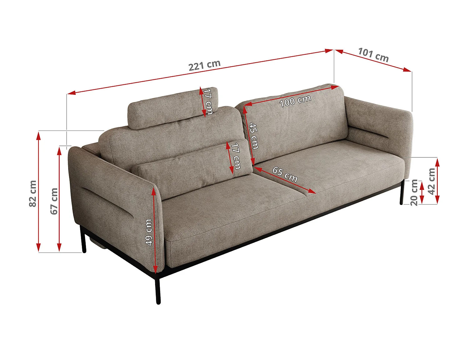 Sofa SALENTO - 3-Sitzer mit Metallbeine, mobile Kopfstütze, Schlafsofa mit lose Kissen - Beige Strukture