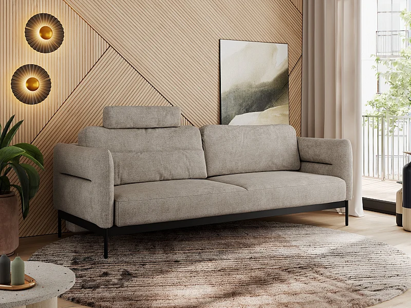 Sofa SALENTO - 3-Sitzer mit Metallbeine, mobile Kopfstütze, Schlafsofa mit lose Kissen - Beige Strukture
