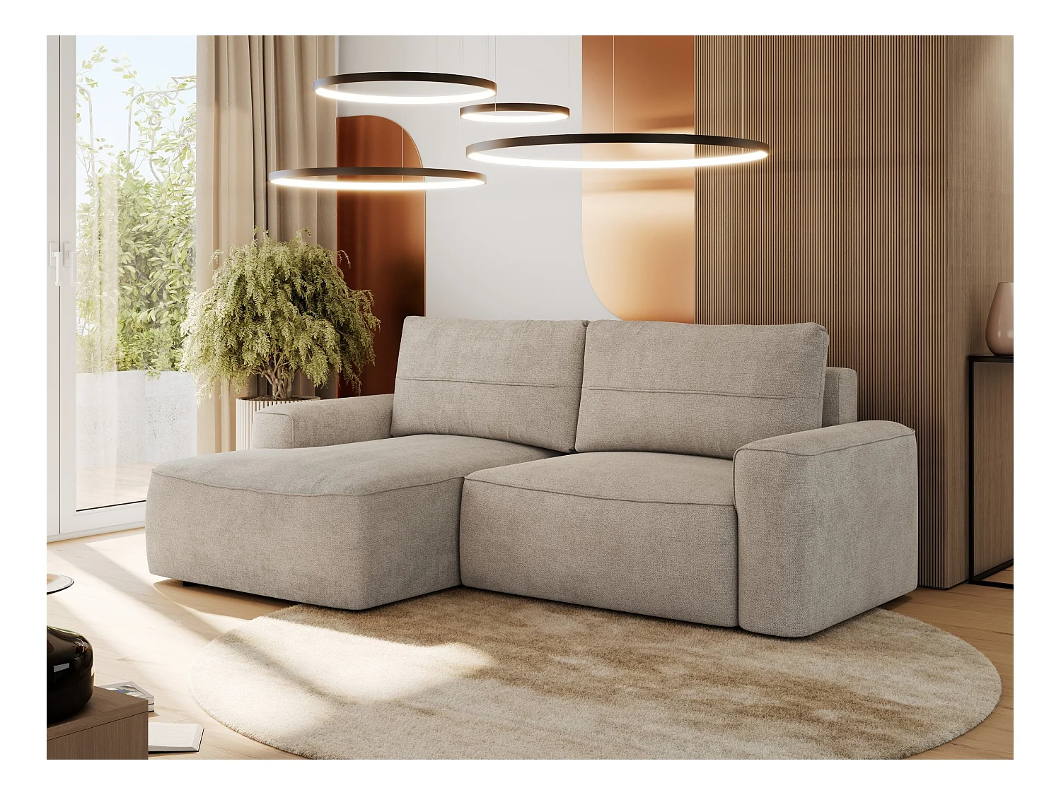 Ecksofa BELLUNO - Schlafsofa mit Bettkasten, Armlehnen, Couch L-form mit Schlaffunktion - Beige Strukture - Ecke Links