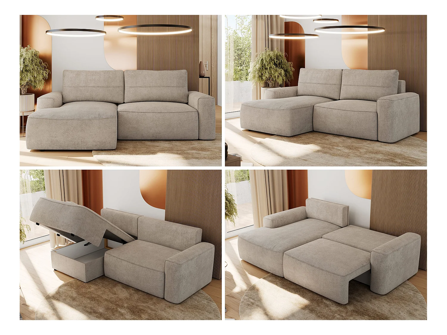 Ecksofa BELLUNO - Schlafsofa mit Bettkasten, Armlehnen, Couch L-form mit Schlaffunktion - Beige Strukture - Ecke Links