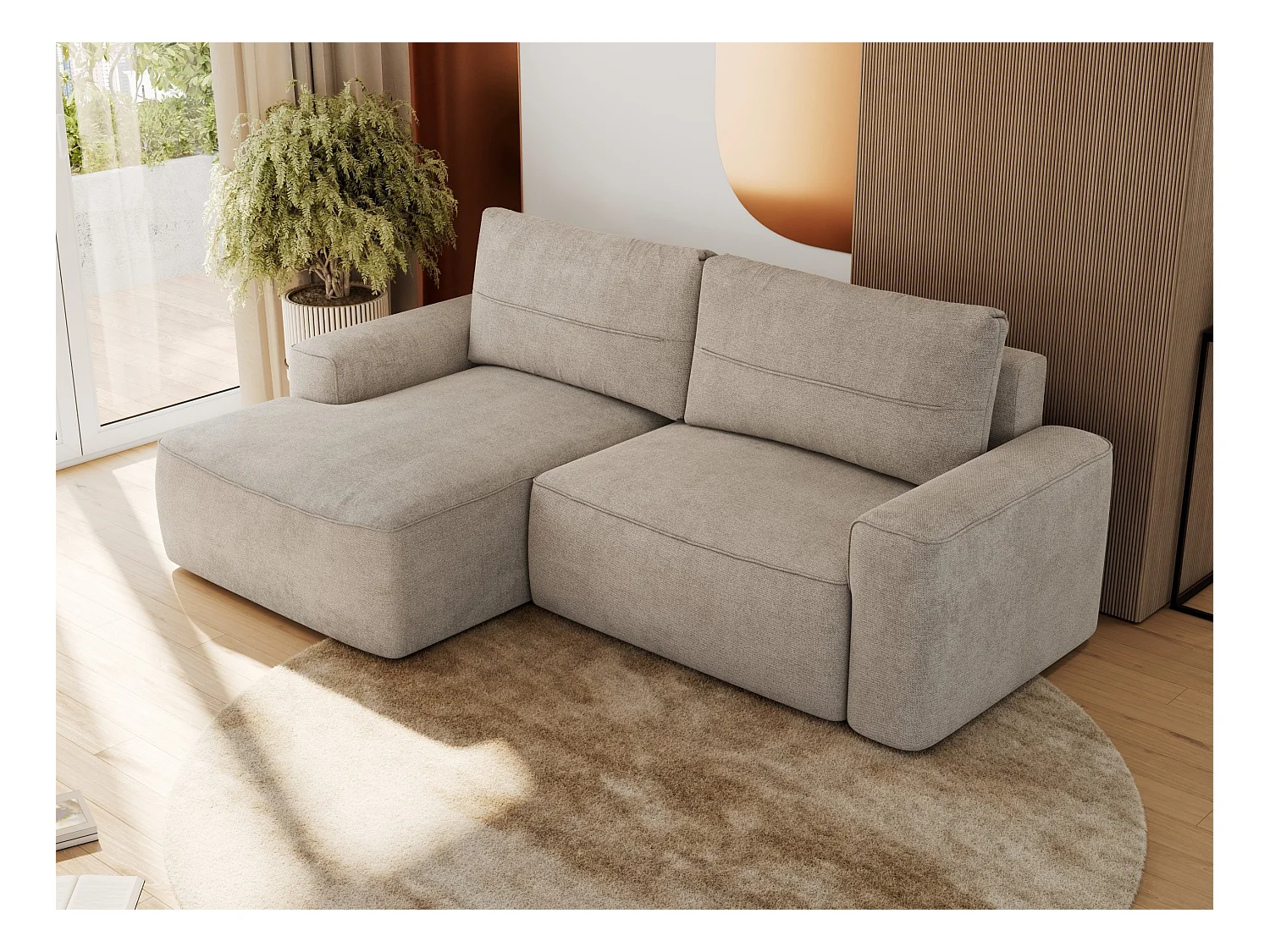 Ecksofa BELLUNO - Schlafsofa mit Bettkasten, Armlehnen, Couch L-form mit Schlaffunktion - Beige Strukture - Ecke Links