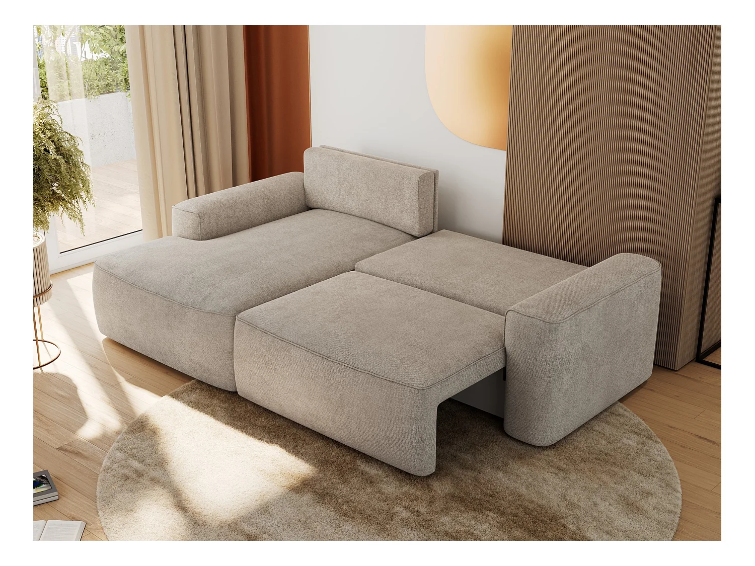 Ecksofa BELLUNO - Schlafsofa mit Bettkasten, Armlehnen, Couch L-form mit Schlaffunktion - Beige Strukture - Ecke Links