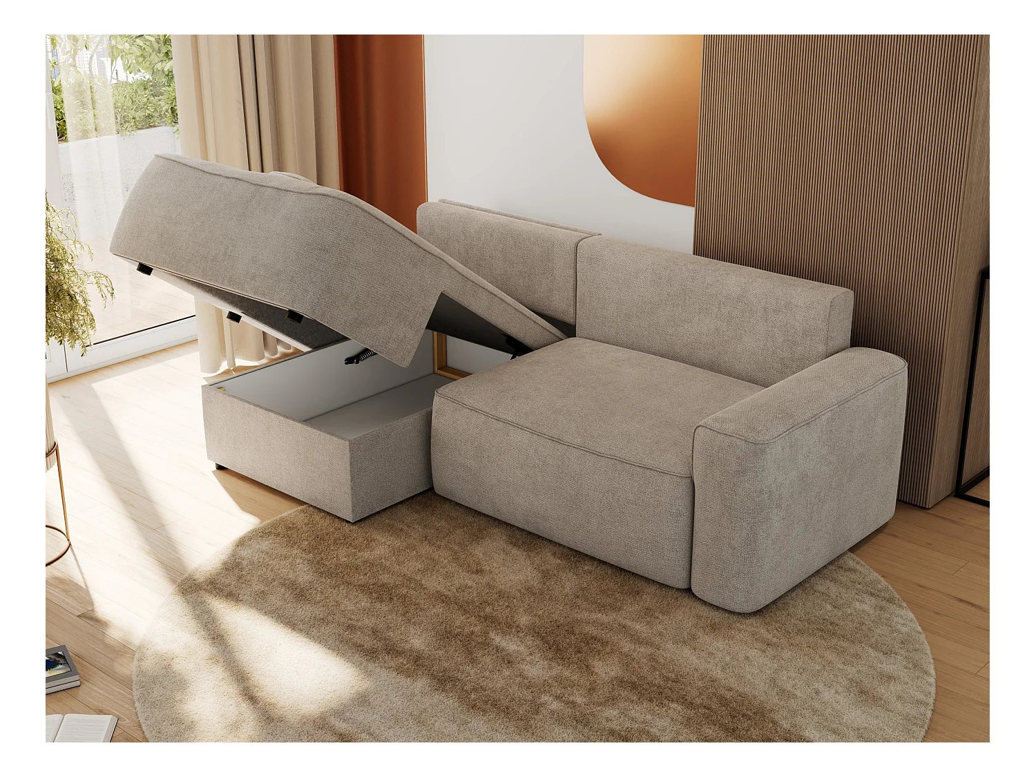 Ecksofa BELLUNO - Schlafsofa mit Bettkasten, Armlehnen, Couch L-form mit Schlaffunktion - Beige Strukture - Ecke Links