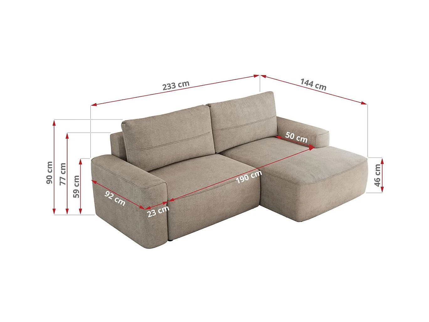 Ecksofa BELLUNO - Schlafsofa mit Bettkasten, Armlehnen, Couch L-form mit Schlaffunktion - Beige Strukture - Ecke Links