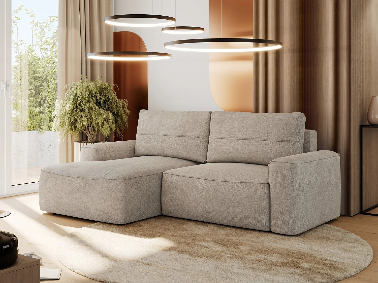 Ecksofa BELLUNO - Schlafsofa mit Bettkasten, Armlehnen, Couch L-form mit Schlaffunktion - Beige Strukture - Ecke Links