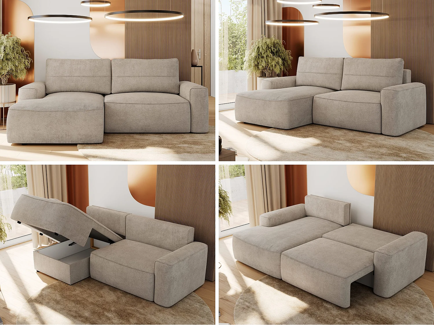 Ecksofa BELLUNO - Schlafsofa mit Bettkasten, Armlehnen, Couch L-form mit Schlaffunktion - Beige Strukture - Ecke Links