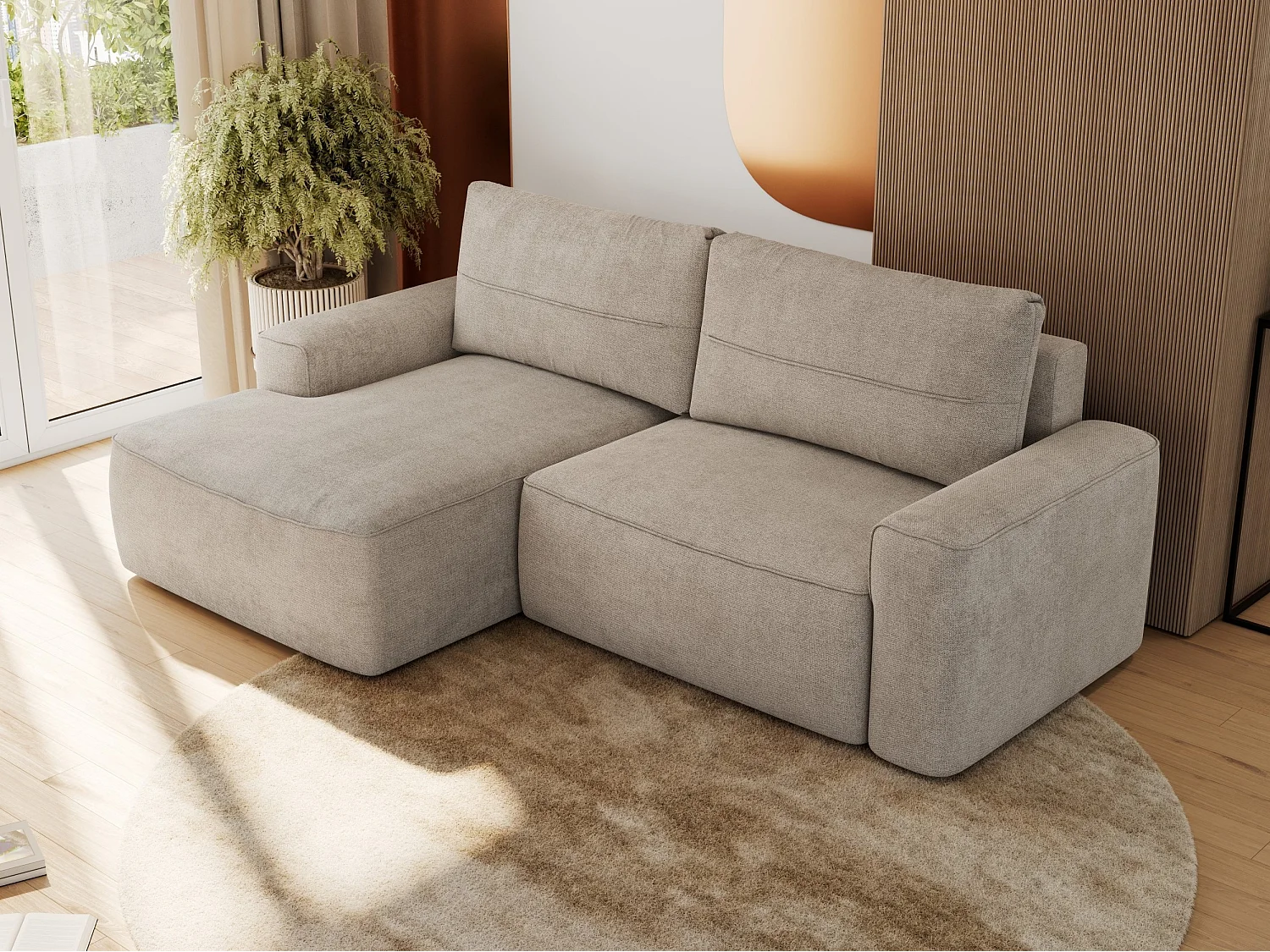 Ecksofa BELLUNO - Schlafsofa mit Bettkasten, Armlehnen, Couch L-form mit Schlaffunktion - Beige Strukture - Ecke Links