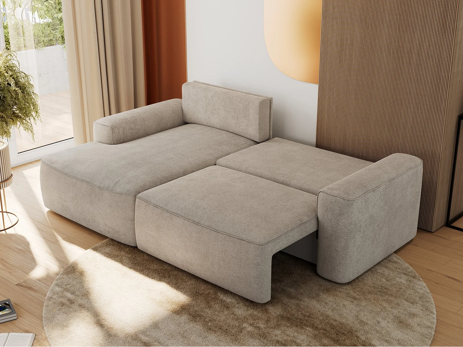 Ecksofa BELLUNO - Schlafsofa mit Bettkasten, Armlehnen, Couch L-form mit Schlaffunktion - Beige Strukture - Ecke Links