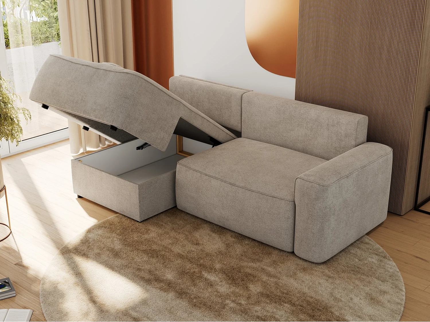 Ecksofa BELLUNO - Schlafsofa mit Bettkasten, Armlehnen, Couch L-form mit Schlaffunktion - Beige Strukture - Ecke Links