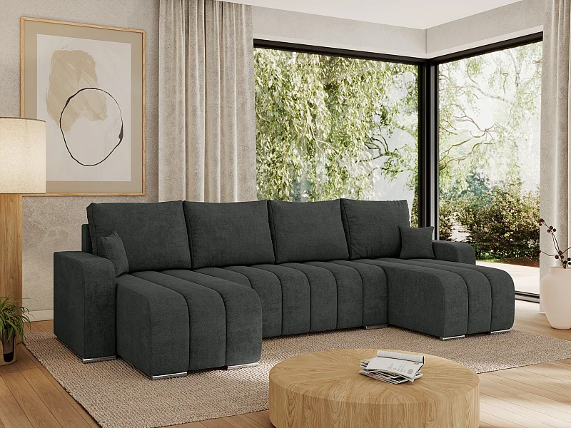 Ecksofa KIRASSO U - Wohnlandschaft, Schlaffunktion und Bettkasten, Couch U-form, lose Kissen - Dunkelgrau Strukture