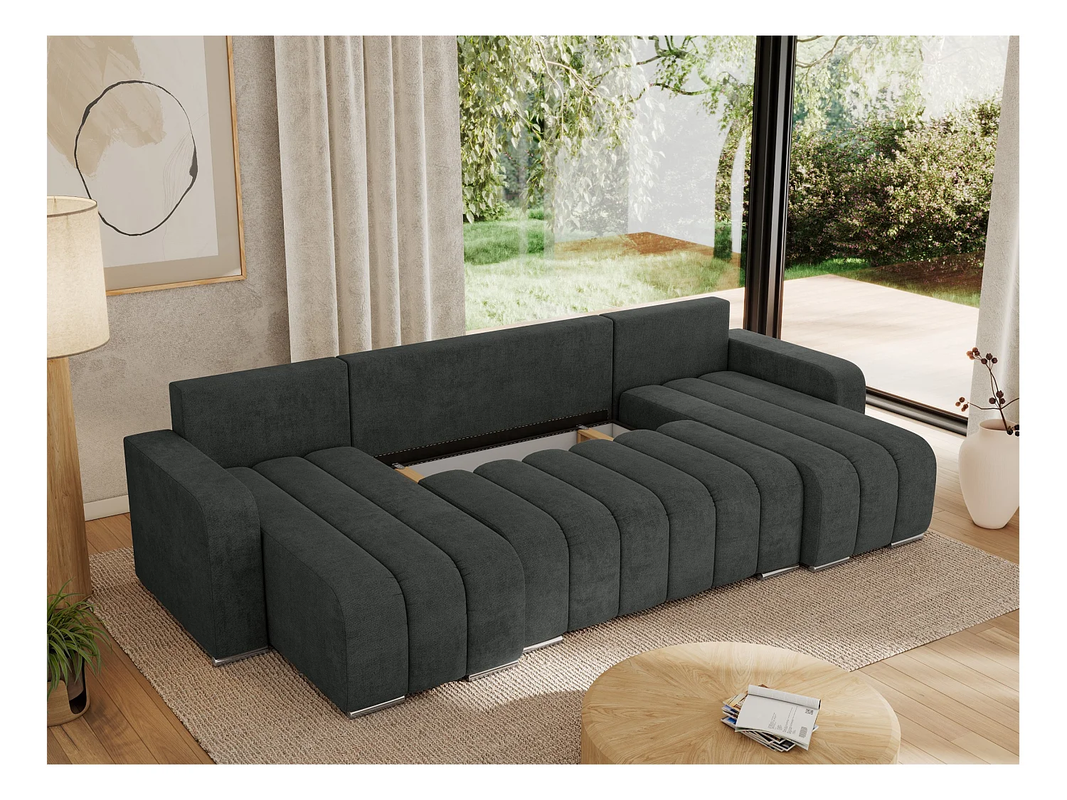 Ecksofa KIRASSO U - Wohnlandschaft, Schlaffunktion und Bettkasten, Couch U-form, lose Kissen - Dunkelgrau Strukture